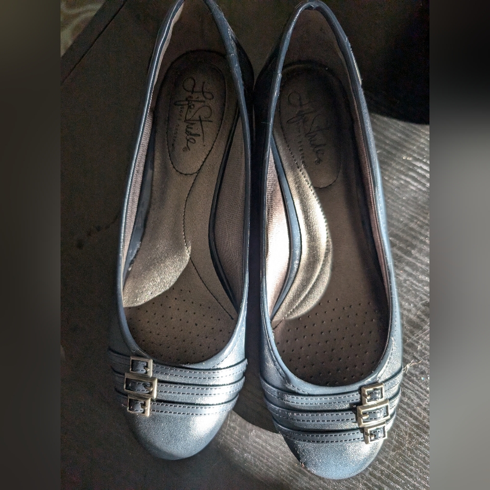 LifeStride Soft System Ballet Pumps Navy Blue Leatherette Strap Details Size 8